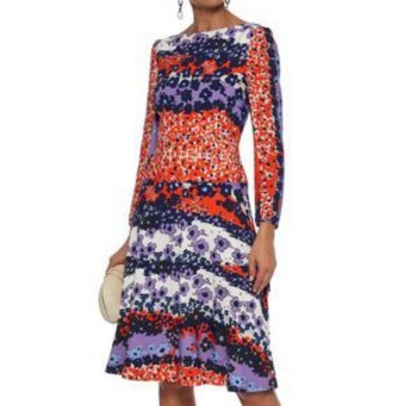 Lela Rose Flared Floral Crepe Midi Dress Multicolour Size 4 Cocktail Party - Picture 1 of 14